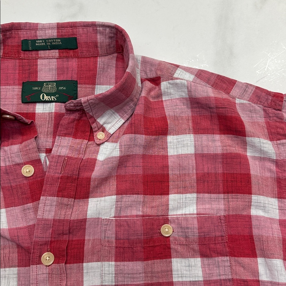 Orvis Short Sleeve Button Up Shirt, Red & White Plaid, Men's Size L, 100% Cotton